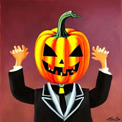 Prompt: high quality painting render neo-ciberpunk, pumpkin wearing a suit , soft pastel color, tim burton, square image