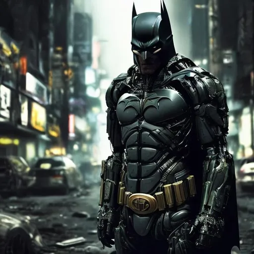 Prompt: Very dark black, gold and green evil distant future bionic enhanced batman. Super soldier. Damaged helmet. Accurate. realistic. evil eyes. Slow exposure. Detailed. Dirty. Dark and gritty. Post-apocalyptic Neo Tokyo. Futuristic. Shadows. Sinister. Armed. Fanatic. Intense. 