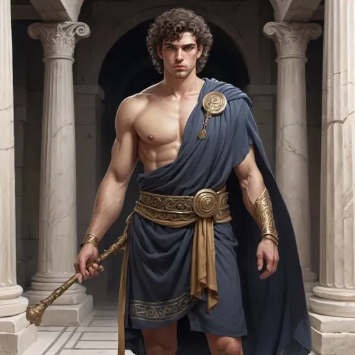 Prompt: Full body, Fantasy illustration of a male Greek, 26 years old, oliv skin, greek toga, curly black perm, arrogant expression, wizard staff, high quality, rpg-fantasy, detailed, ancient Greek Agora, illustrated, art, painting 