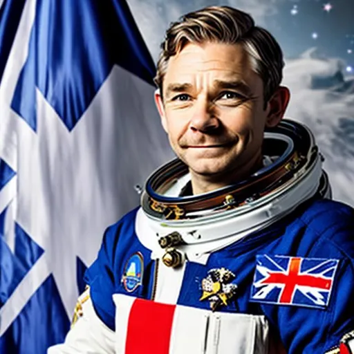 Prompt: Martin Freeman as an astronaut, has a vintage moustache, holding the UK flag, space background