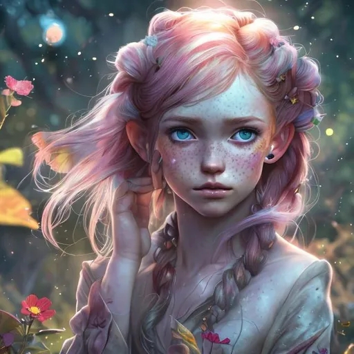 Prompt: UHD, environment, Trees, Leaves, flowers, Highly detailed, HD colour, Young girl, galaxy hair, pointed ears, freckles