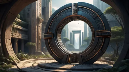 Prompt: magical portal between cities realms worlds kingdoms, circular portal, ring standing on edge, upright ring, freestanding ring, hieroglyphs on ring, complete ring, ancient babylonian architecture, gardens, ruins, turned sideways view, futuristic cyberpunk tech-noir setting