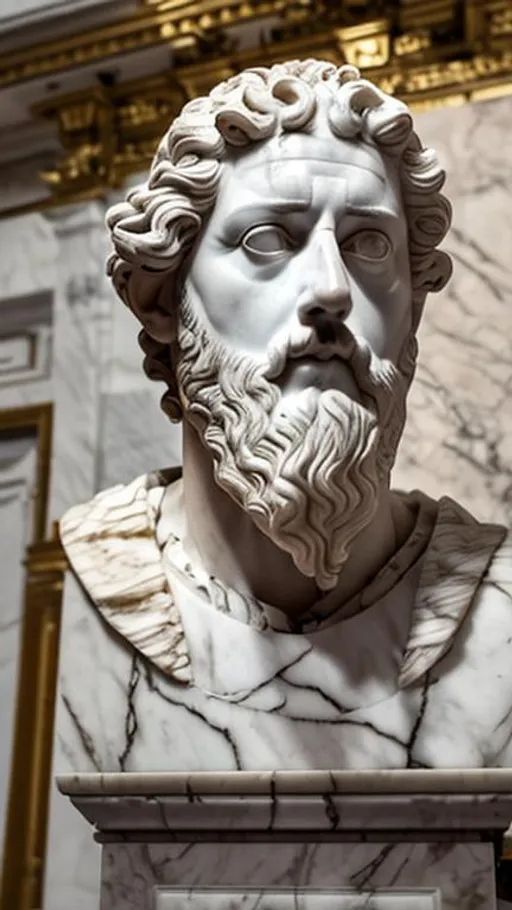 Prompt: a statue of marcus aurelius his head, it's made out of calacatta gold marble