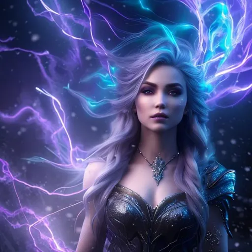 Prompt: Octane render, Hyper realistic, ultradetailed, Full body View, DND Stormsoul Sylph, female, shimmering purple eyes, Long flowing grey hair, skin like porcelain, a flowing dress like floating water, summoning lightning bolts with her hands, standing in a foggy and snowy landscape, a tiara crafted from ice bolts on her head 