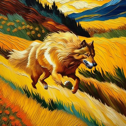 Prompt: (masterpiece, epic oil painting, Van Gogh painting, best quality:1.5), epic running wolf, hunting, intricately detailed, gleaming ((silver eyes)), cinematic, dramatic, summer hillside, {golden-orange fur}, flowing mane on back, (intricately detailed face:2), (intricately detailed fur:5), (((deep grey eyes))), highly detailed, brawny, beautifully detailed face, lush grassy valley, winding creek, ruffed cliffs, soft light, sunrise, {beautiful defined bulky furry legs}, beautiful detailed shading, highly Detailed body, billowing wild golden fur, copper fur highlights, full body focus, telephoto, vibrant, beautifully detailed background, 64K, UHD, Kentaro Miura, high octane render, unreal engine, ambient gold light, vibrant, studio light, detailed brush strokes, rich colors, intricate detail, high quality, high detail, intricate facial detail, high quality, detailed face, intricate quality, intricate eye detail, highly detailed, high resolution scan, intricate detailed, highly detailed face, very detailed, high resolution