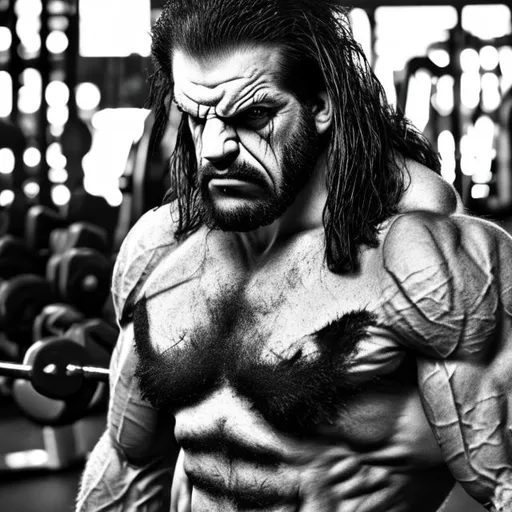 Prompt: Lobo goes to the gym and his angry. Realistic photography 