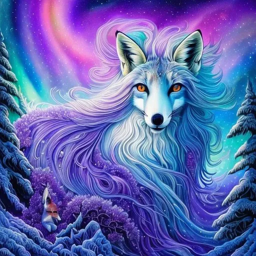 Prompt: masterpiece:1.5, detailed oil painting, insanely detailed, Best Quality:1.5) insanely beautiful wise vixen fox, ageless, ice elemental, lavender pelt, (veiled in auroras), psychedelic colors, (calm hypnotic eyes gleaming amethyst-violet), calm regal smile, stands majestically on a celestial mountain, gorgeous frosted silver mane, insanely detailed fur, insanely detailed eyes, insanely detailed face, slender, (magic violet highlights in fur), crackling lightning, ice storm, (lightning halo), tilted halo, lightning charged atmosphere, enchanting moonlight beaming through clouds, 64K