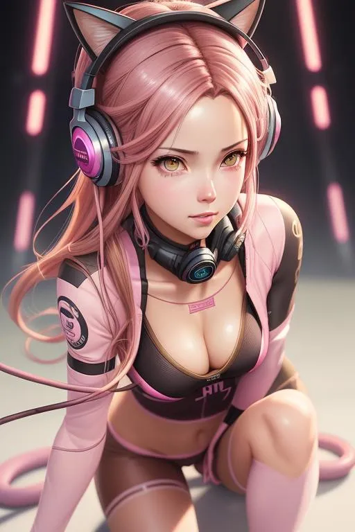 Prompt: Cat girl wearing gaming headphones pink has long dark brown hair pink eyes, symmetrical, anime eyes wide, soft lighting, detailed face, by makoto shinkai, stanley artgerm lau, wlop, rossdraws, concept art, digital painting, looking into camera.