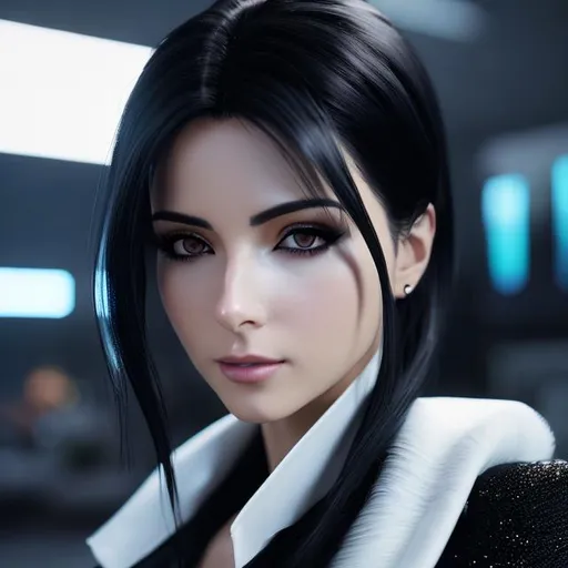 Prompt: A photo realistic illustration, rendered in Unreal Engine 5.0, of a beautiful Re-l Mayer from Ergo Proxy (2006) in her 30s with Electric Blue eye makup under a black suit with shoulder length straight black hair, intricate, seductive, Dark Fantasy, Japanese Cyberpunk, Sc-Fi, Surrealist, Anime, by Shûkô Murase, Funimation, DeviantArt, artstation, Midjourney, cgsociety, digital painting, Dark black, seductive, symmetrical body, vivid, tone mapping, colorgrading, HDR, 4k, sharp focus, natural lighting, soft shadows, chromatic abberation, depth of field.
