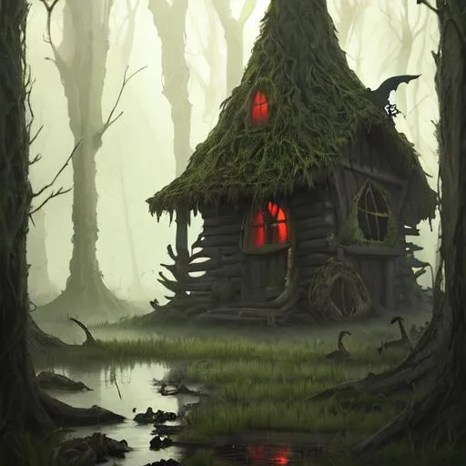 Prompt: Witch's hut in a deep murky swamp, fantasy, digital art, 4k, high detail, horror atmosphere, high resolution, artstation, deviantart, pinterest, high quality, 500px model