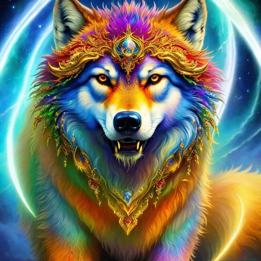 Prompt: (masterpiece, professional oil painting, epic digital art, best quality:1.5), insanely beautiful wolf, ancient, celestial guardian, growling, glaring, global illumination, psychedelic colors, illusion, finely detailed, calm, detailed face, beautiful detailed eyes, beautiful defined detailed legs, beautiful detailed shading, slender, highly detailed body, (lightning halo), tilted halo, {body crackling with lightning}, billowing wild fur, lilac magic fur highlights, majestic wolf queen, magic jewels on forehead, lightning blue eyes, flaming eyes, ice elements, {auroras} fill the sky, {ice storm}, crackling lightning, (lightning halo), tilted halo, corona behind head, highly detailed pastel clouds, lightning charged atmosphere, full body focus, beautifully detailed background, cinematic, Yuino Chiri, Kentaro Miura, 64K, UHD, intricate detail, high quality, high detail, golden ratio, symmetric, masterpiece, intricate facial detail, high quality, detailed face, intricate quality, intricate eye detail, highly detailed, high resolution scan, intricate detailed, highly detailed face, very detailed, high resolution, medium close up, close up