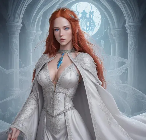 Prompt: Create a fantasy style ultra Intricate detailed biblical style "dream world". Focused on an hyper cute young slender female redhead princess bride, piercing blue eyes, healthy skin, ample cleavage, wearing an iron slave collar, wearing white silk apostates robe, 

Professional Photo Realistic Image, RAW, artstation, splash style dark fractal paint, contour, hyper detailed, intricately detailed, unreal engine, fantastical, intricate detail, steam screen, complementary colors, fantasy concept art, 8k resolution, deviantart masterpiece, splash arts, ultra details Ultra realistic, hi res, UHD, 64k, 2D art rendering, depth of field 4.0, APSC, ISO 1600,