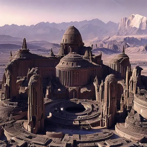 Prompt: An alien city with romanesque architecture, in the style of Star Trek. {Star Trek: The Next Generation}