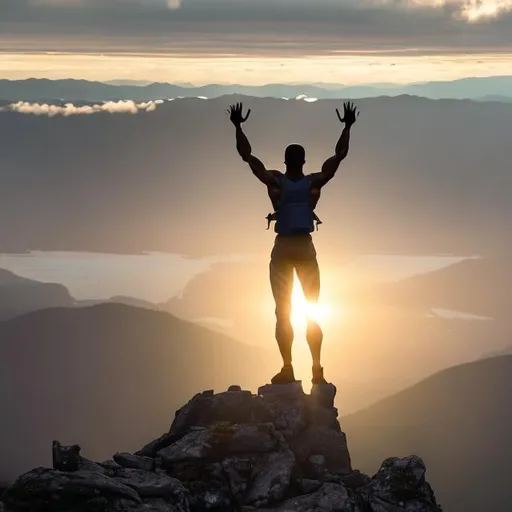 Prompt: A silhouette of david goggins standing atop a mountain peak at sunrise, overlooking a vast valley. The person is dressed in athletic attire, with 2 arms raised triumphantly in the air. Sunlight bathes the scene, casting a warm golden glow. The surrounding landscape features majestic snow-capped peaks, lush greenery, and winding trails leading to the summit. The image should evoke a sense of awe, accomplishment, and the limitless possibilities of personal growth.