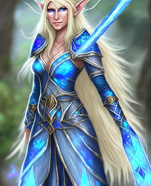 Prompt: Light Blond elf druid woman. She is wearing sapphire and opal dragon armor . She carries a druid wand