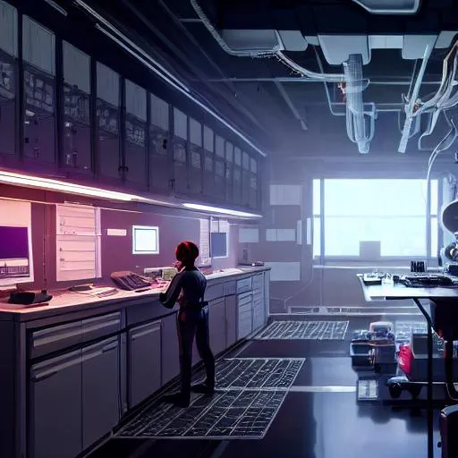 Prompt: ai laboratory, building, ghost in the shell, studio lighting, dim lighting, building, professional, HDR, UHD, 64K, perfect composition, hyperrealistic, super detailed, 8k, high quality, trending art, trending on artstation, sharp focus, studio photo, intricate details, highly detailed, concept art