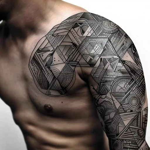Prompt: Eres un tatuador profesional en fine line. Debes tatuar algo abstracto entre lo geométrico y el mundo real en un brazo. 
