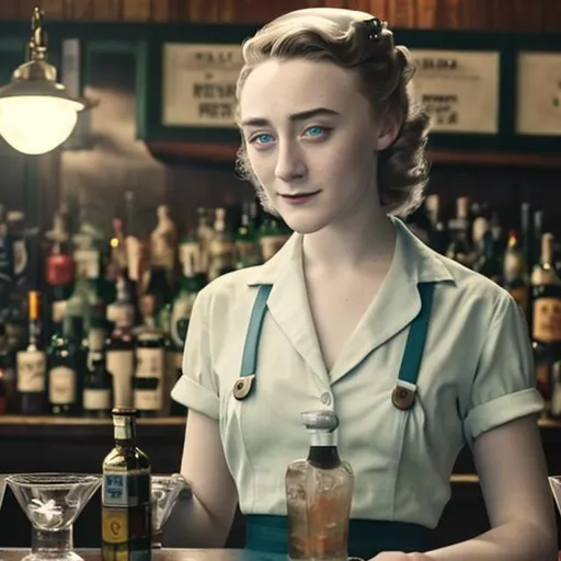 Prompt: Saoirse Ronan as an 1950s era hardworking bartender serving men.