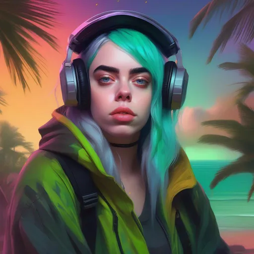 Prompt: fantasy art, digital painting, D&D character portrait of Billie Eilish as a cyberpunk goblin woman, tropical lofi background