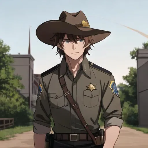 Prompt: Caleb as a county sheriff, not wearing a hat, adult, brown sheriff uniform
