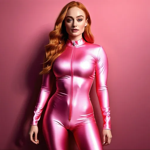 Prompt: Realistic full-body illustration of (Sophie Turner), vibrant colors, cinematic, detailed fabric texture, pink spandex, high quality, detailed anatomy, red lighting, natural beauty, professional, actress, realistic, detailed, vibrant, spandex, cinematic lighting, full-body, professional quality