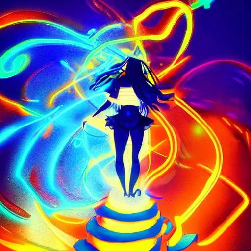 Prompt: Goddess of judgement and balance anime illustration high contrast, neon colors orange and blue dystopian