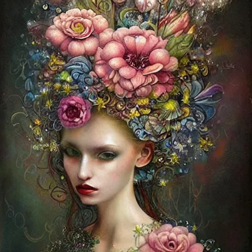 Prompt: realistic painted still life beautiful flowers by ambrosius bosschaet!!!!!, floating in the sky, iridescent water drops, crystal chandelier drops, glitter sparkles, symmetrical face, daniel merriam art, muted colors, fairy wings, nicoletta ceccoli, daniel merriam art, jennifer healey art, fantasy art, renaissance gown, hyper realistic flower bouquet painting,  soft shadows, stunning, dreamy, elegant, perfect face, sparkles, Beautiful goddess, Haute Couture, princess dress, beautiful symmetrical face, pre-raphaelite, hyper realistic soft focus feathers, fantasy steampunk, spiral staircase, vintage pocketwatch, ambrosius bosschaert art, highly detailed blooms of peonies and roses and magnolias,  ornate, style of michael parks, tom bagshaw, roberto ferri and Marco mazzoni, hyper-realistic, matte painting , enhanced, photo render, 8k, art by artgerm, wlop, loish, ilya kuvshinov, 8 k hyperrealistic, crackles, hyperdetailed, beautiful lighting, detailed background, depth of field, symmetrical face, frostbite 3 engine, cryengine, bubbles, dragonflies, garden of roses and peonies background, ultra detailed, soft lighting, infinite depth, incredibly detailed, ultra realistic, high index of refraction, hyper realistic elegant smooth sharp clear edges, sharp focus, wide angle perspective, ultra realistic, sense of high spirits, volumetric lighting, occlusion, Unreal Engine 5 128K UHD Octane, fractal, pi, fBm