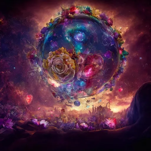 Prompt: An epic fantastic realism comic book style painting of the most beautiful spinning HEARTS, BALLOONS, FLOWERS, SUNSETS , launched across the dark and starry night sky, floating bouquets, fisheye, unreal 5, DAZ, hyperrealistic, octane render, dynamic lighting