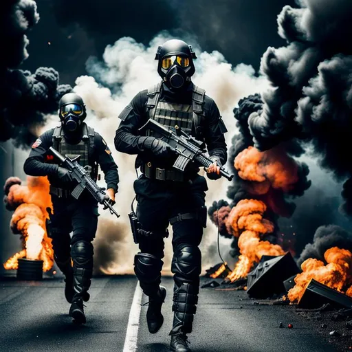 Prompt: Several mordern male black color with gas mask black, running with guns, background war battle in florest, Highly Detailed, Hyperrealistic, sharp focus, Professional, UHD, HDR, 8K, Render, electronic, dramatic, vivid, pressure, stress, nervous vibe, loud, tension, traumatic, dark, cataclysmic, violent, fighting, Epic.