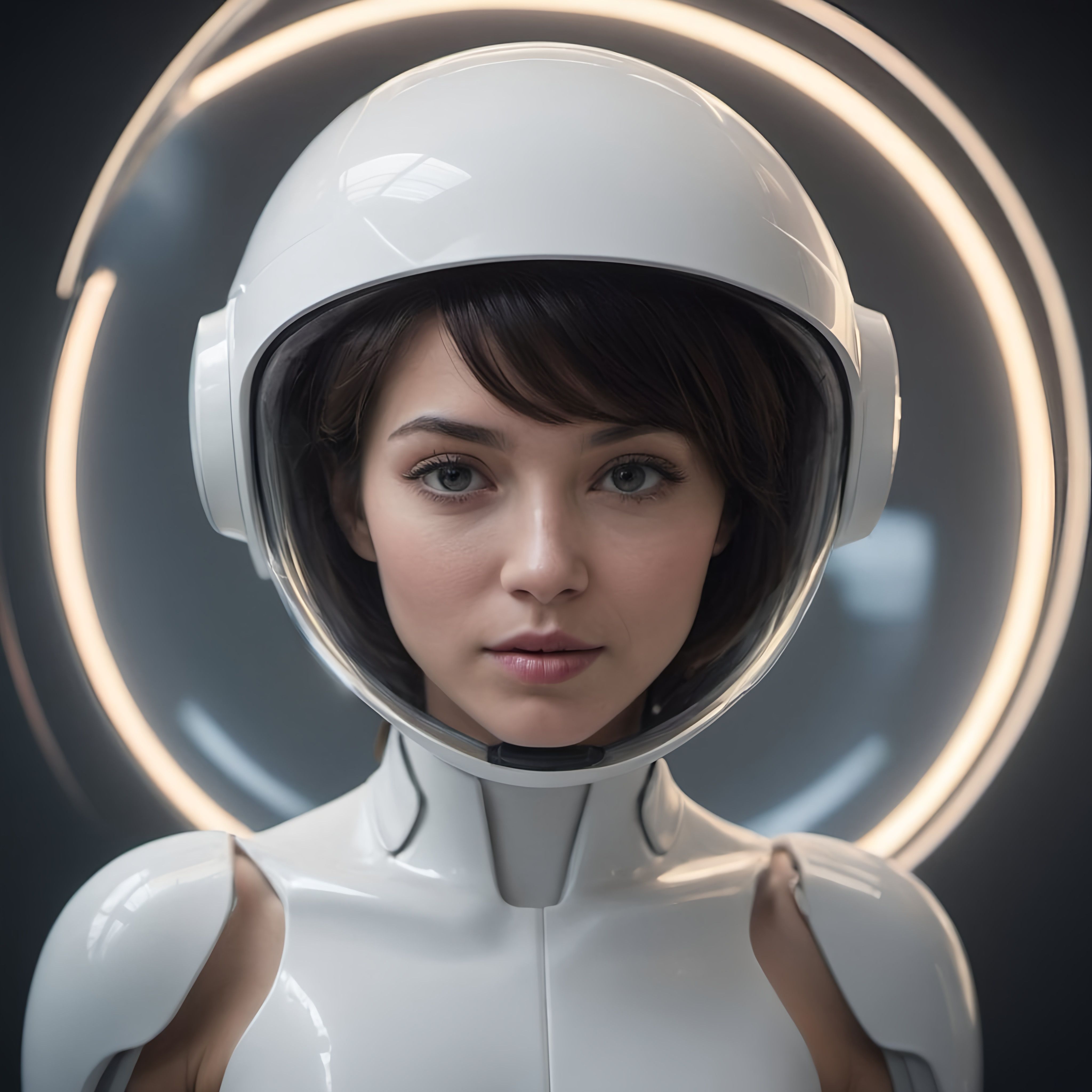 Prompt: a woman in a white helmet with a neon circle around her head and a circular light behind her head