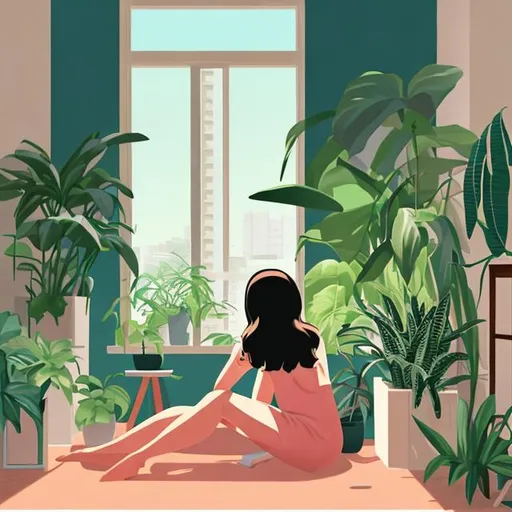 Prompt: girl in apartment surrounded by plants in style of Hiroshi Nagai painting