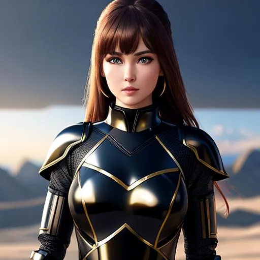 Prompt: 8k resolution ultra realistic picture of beautiful girl, wearing tight catsuit armor, command a black robot team