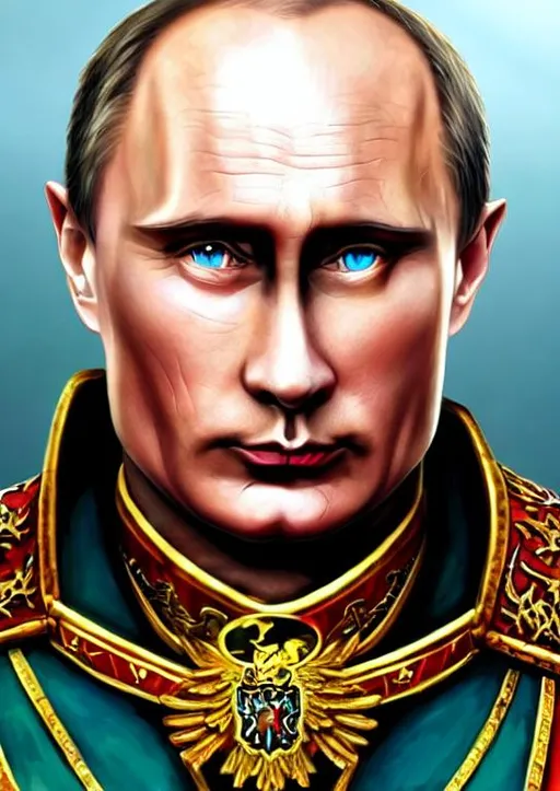 Prompt: fantasy detailed illustration, Christian Vladimir Putin, warhammer 40k, warrior god emperor, ornate, majestic, prestige 