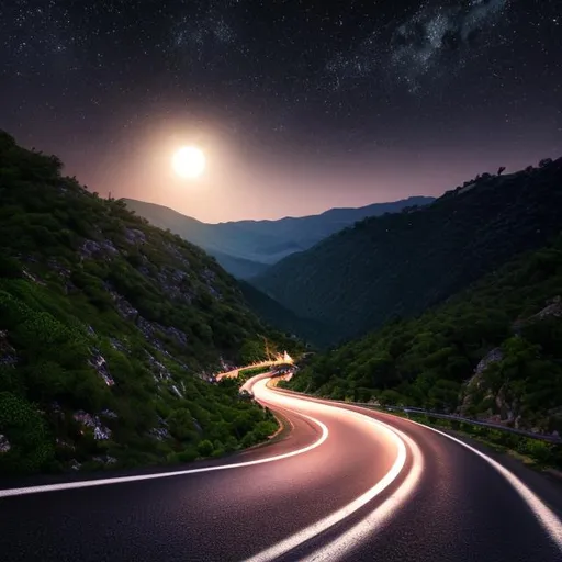 Prompt: vehicles driving up a long winding road, mountain, nighttime bacground, long exposure, highly detailed full moon, ray tracing, HDR, vivid colors, tonemapping, ultra high quality octane render, 4k, 3D Blender Render.