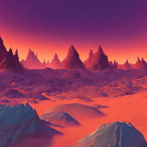 Prompt: concept art, thick red sandstorm grain filter, "Warlocks and Warriors" Sprague de Camp style, purple desert, jagged purple rock crags, red sky, sun hidden by sand