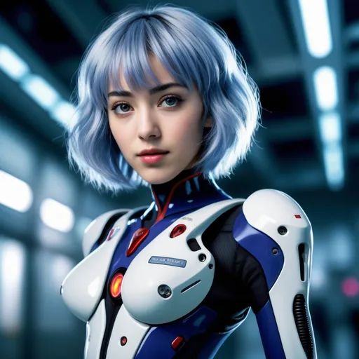 Prompt: High resolution Realistic photo image of an age:18 cute rei ayanami anime character from “neon genesis evangelion“, full body original Eve jump suit, highly detailed facial features and expression, dynamically posed with Eve robot facility in background