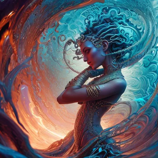 Prompt: beautiful woman Queen Djinn of ocean in spiral wave water, background glorious , perfect Veronica Pome’e face, realistic, full body, standing on ground, circuit board, in intricate clothing, fantasy, illustration, artstation, very complex hyper-maximalist overdetailed cinematic tribal darkfantasy, 8k resolution, Ultra-detailed Quality 3D Octane Render, photorealistic concept art, Sharp Focus, Perfect Composition, intense shadows, intense lighting, wallpaper, HDR, high quality, high-definition --stylize 1000 --ar 2:3