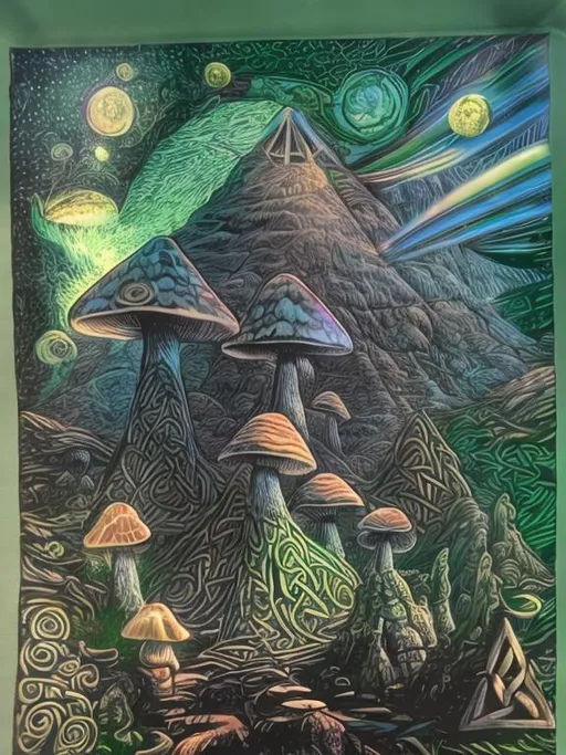 Prompt: Wizard standing. Celtic. Green hills, mushrooms. Planet in sky