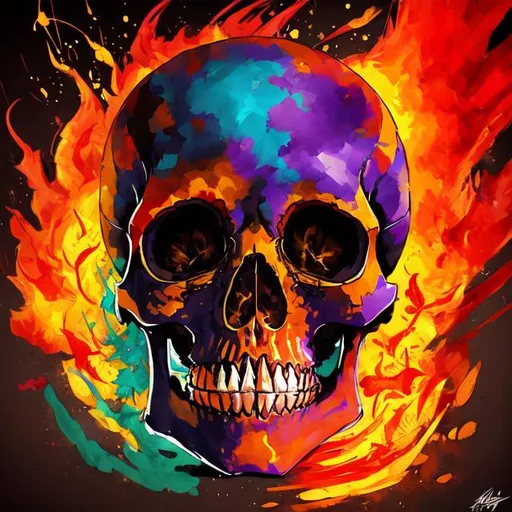 Prompt: A remake skeleton surrounded by colorful flames