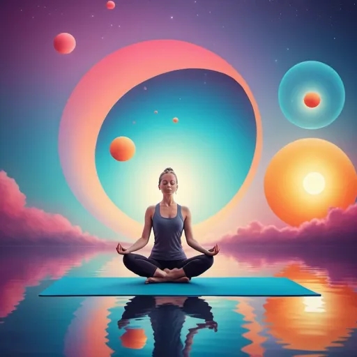 Prompt: Surrealistic clipart of serene yoga poses, floating meditation, abstract yoga mats, vibrant and dreamlike, high quality, surrealism, clipart, yoga poses, meditation, floating, abstract, vibrant colors, dreamlike, serene, peaceful atmosphere, surreal lighting