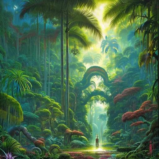 Prompt: Landscape painting, beautiful lush tropical glade with a huge green colored dimensional portal at the centre, bright light, dull colors, danger, fantasy art, by Hiro Isono, by Luigi Spano, by John Stephens