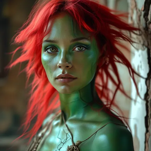 Prompt: dancing hybrid earth and alien woman, 185 cm tall, 80 kg, light green skin,red hair, large full black eyes, standing confidently on piata unirii cluj napoca realistic,, warm, dramatic lighting, inviting ambiance, vibrant colors blending with arid terrain, emphasis on intricate details capturing the energy of her presence.