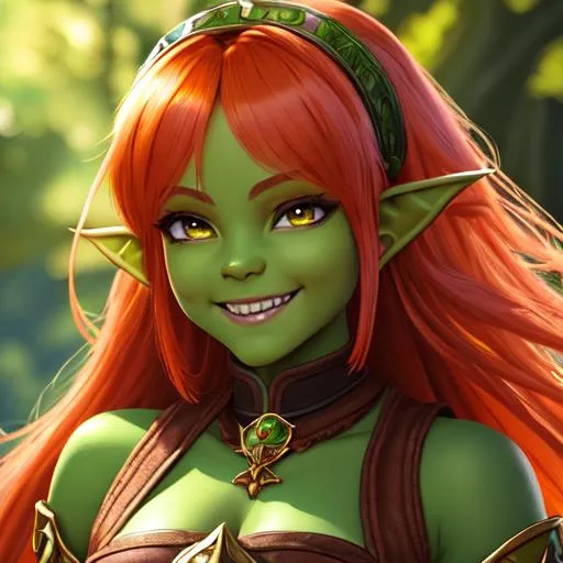 Prompt: oil painting, D&D fantasy, green-skinned-goblin girl, green-skinned-female, small, beautiful, short fiery red hair, wavy hair, smiling, pointed ears, fangs, looking at the viewer, cleric wearing intricate adventurer outfit, #3238, UHD, hd , 8k eyes, detailed face, big anime dreamy eyes, 8k eyes, intricate details, insanely detailed, masterpiece, cinematic lighting, 8k, complementary colors, golden ratio, octane render, volumetric lighting, unreal 5, artwork, concept art, cover, top model, light on hair colorful glamourous hyperdetailed medieval city background, intricate hyperdetailed breathtaking colorful glamorous scenic view landscape, ultra-fine details, hyper-focused, deep colors, dramatic lighting, ambient lighting god rays, flowers, garden | by sakimi chan, artgerm, wlop, pixiv, tumblr, instagram, deviantart