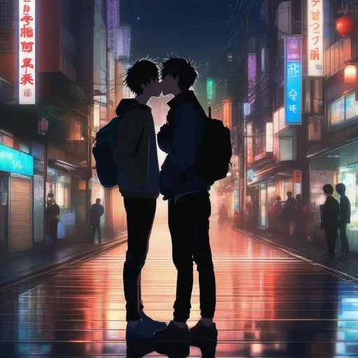 Prompt: Two young men kissing, in the middle of tokio, night colours, anime art, rosy cheeks, UHD wallpaper, 