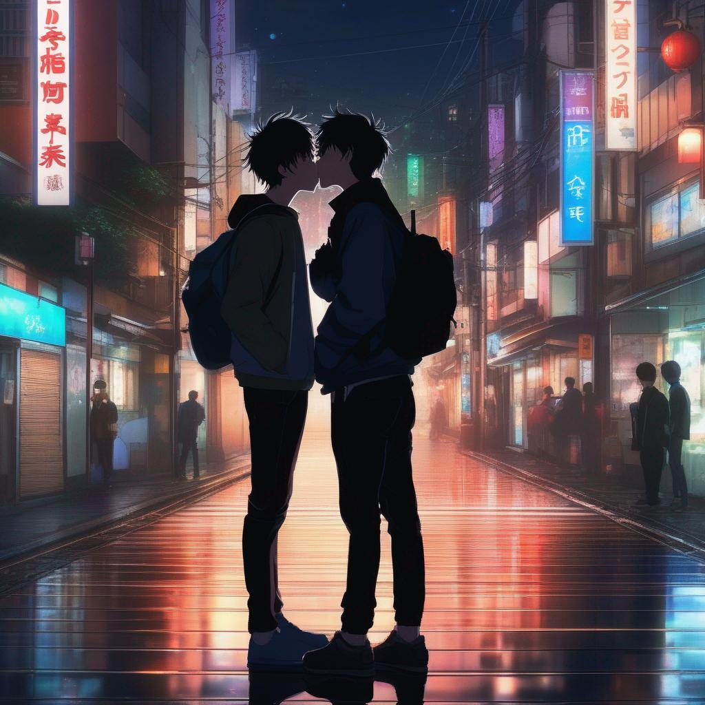 Two young men kissing, in the middle of tokio, night