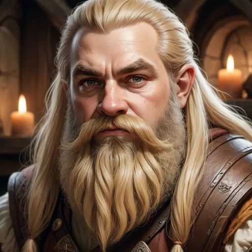 Prompt: hyper-realistic dwarf with long blond hair,  medium size beard, fantasy character art, illustration, dnd, warm tone