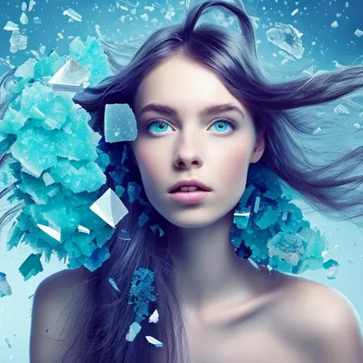 Prompt: Pretty girl with hair fragmenting crystals