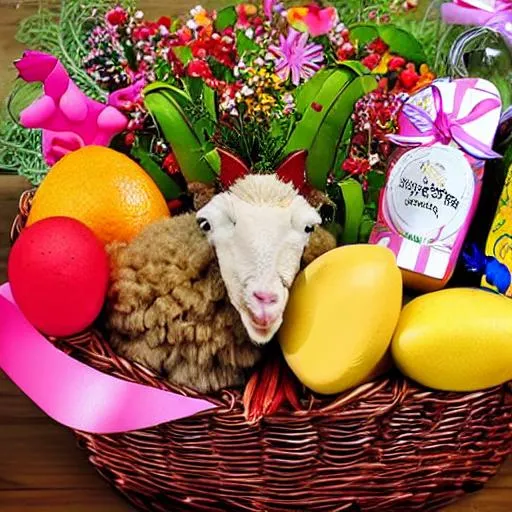 Prompt: sheep, rooster, fruits and flowers inside gift basket

