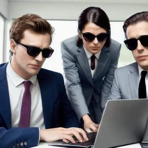 Prompt: one woman and two men wearing shades and suits collaborating at the computer