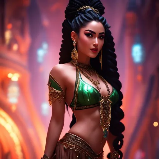 Prompt: Gorgeous, stunning, beautiful, otherworldly muscular Yuan-Ti martial artist goddess with long braided hair wearing a body chain and belly dancer costume, full body, centered, fantasy setting, character concept, cinematic, colorful background, concept art, dramatic lighting, highly detailed, hyper realistic, intricate sharp details, octane render, smooth, studio lighting, trending on art station, 8k, HDR, unreal engine, emotive, cgi, animated, character art